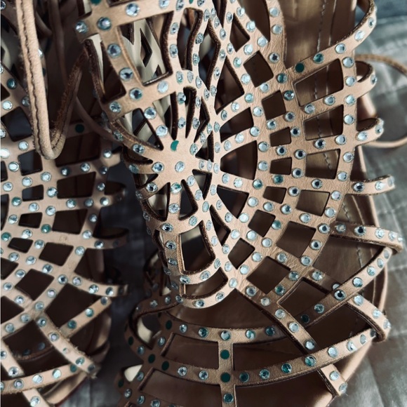 SCHUTZ Tan Leather Strappy Heels with Rhinestones - Picture 4 of 7